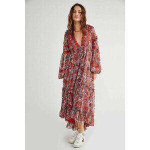 Free People Cassis Printed Chiffon Red Dress Flowy Maxi Party Size XS $168 NWT